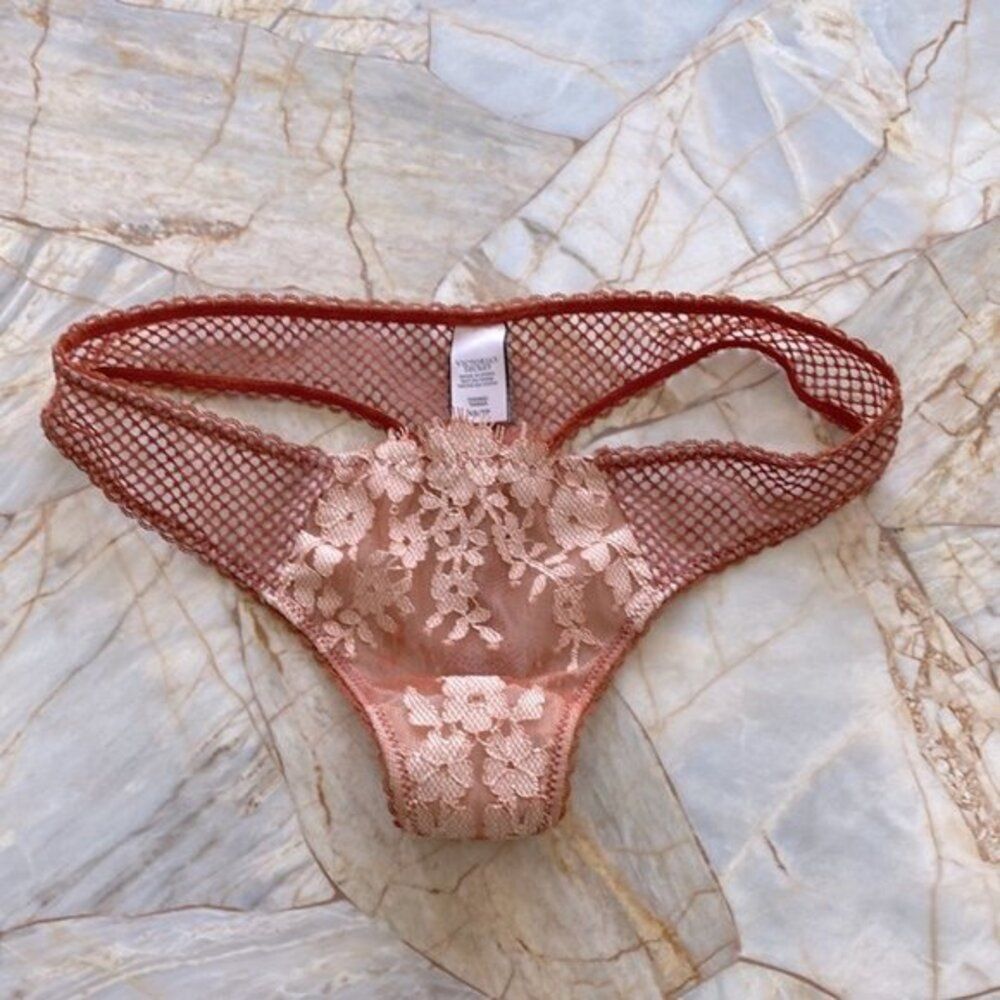 XS Victoria Secret Very Sexy Panty Underwear Fishnet Lace Floral Orange Thong